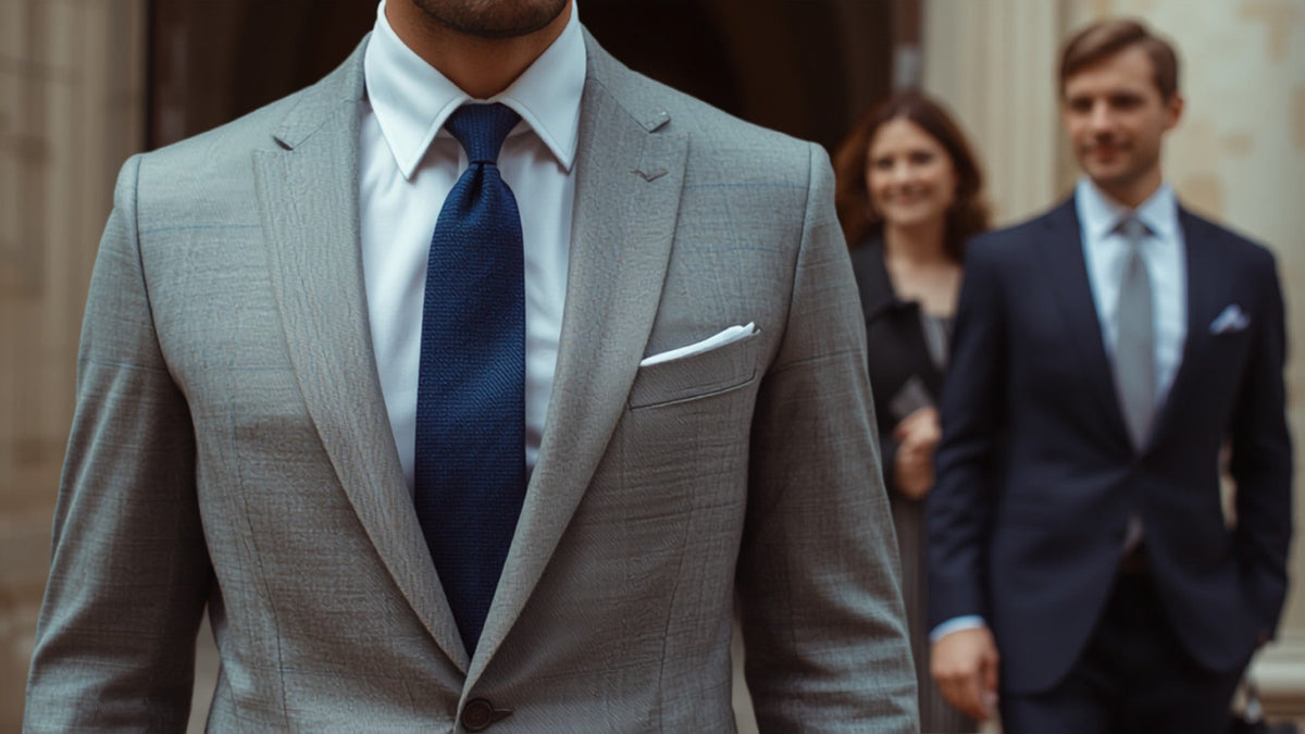 Two wedding guests arriving at a stone venue, with a textured deep-blue tie in sharp focus against a light-gray suit.