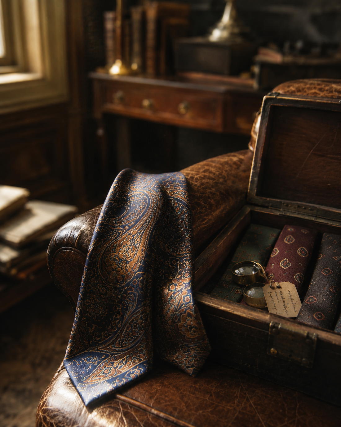 A weathered vintage silk necktie draped over a leather armchair beside an open wooden box of ties
