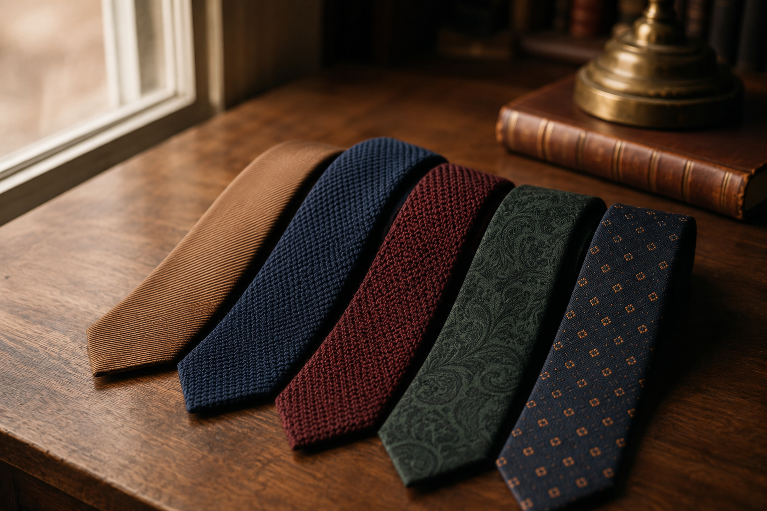 An arrangement of neckties in different weaves on a warm wooden desk