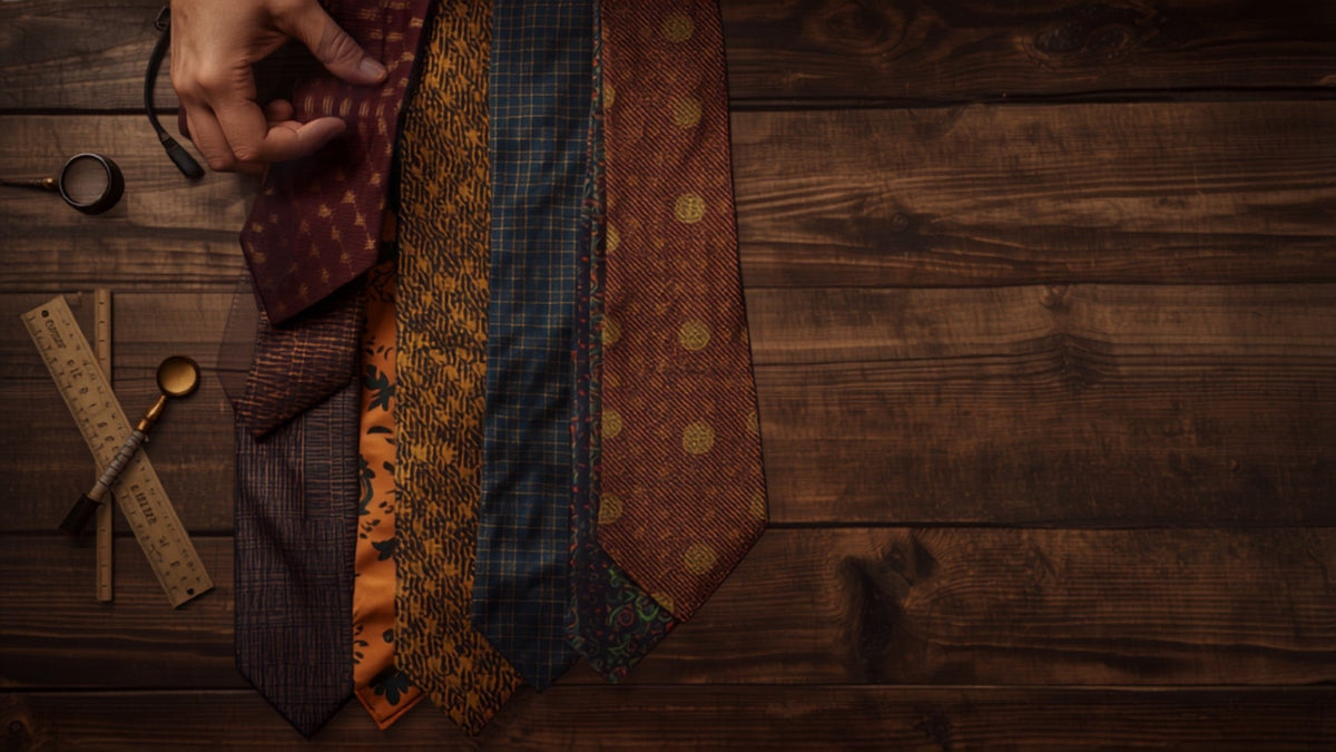 Collection of vintage ties in varied widths and weaves being inspected on reclaimed wood