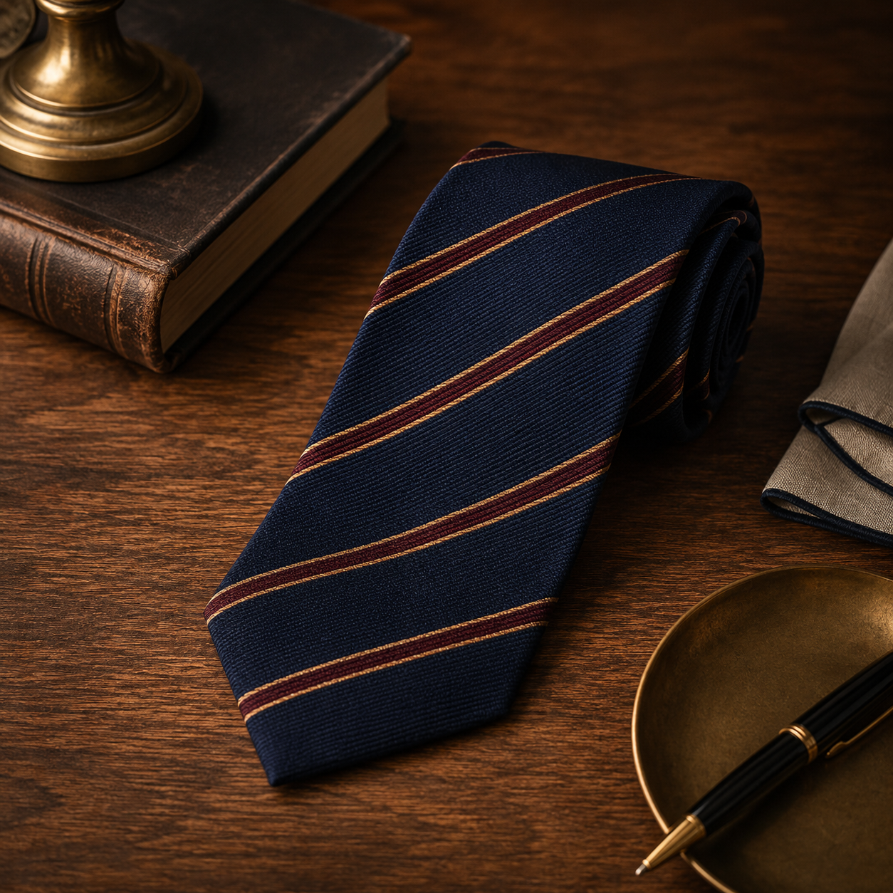 Navy repp stripe tie selected for the Tie Foundry Cover Story